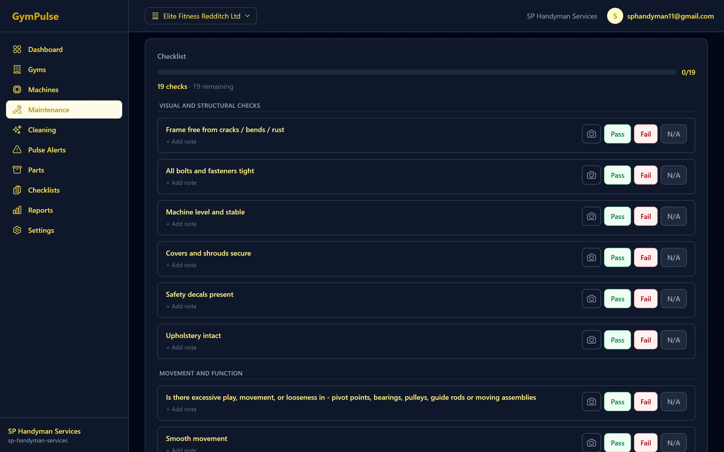 Checklist execution view for maintenance tasks