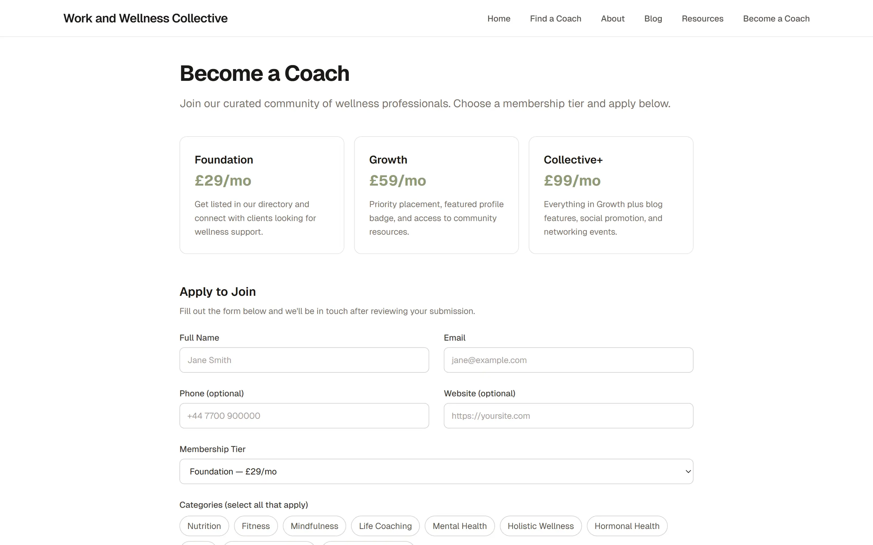 Coach registration and application page