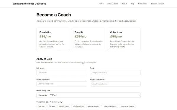 Coach registration and application page