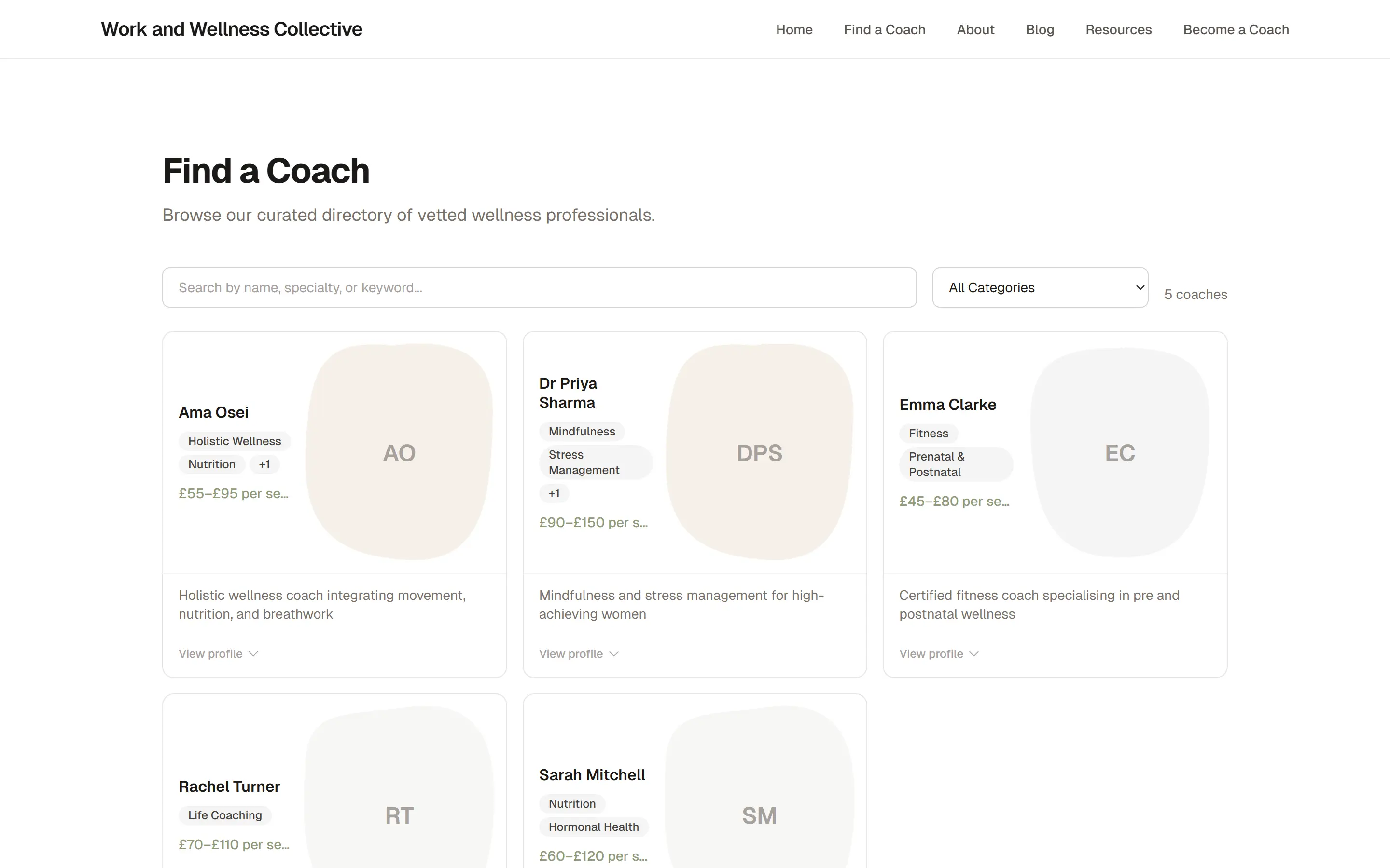 Coach search and directory page